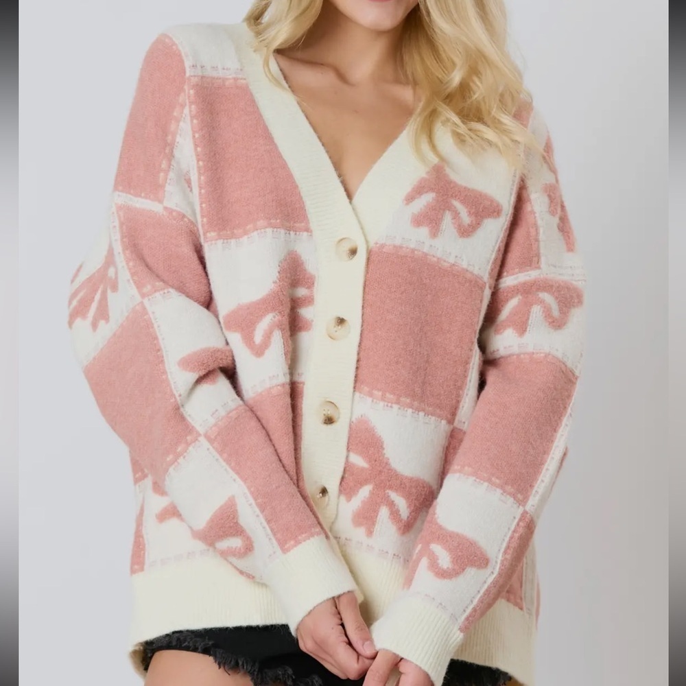 Jane Bow Check Sweater ✨ 3D Bow and Square Pattern Oversized Cardigan - Picture 3 of 8